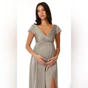 Azazie Allessia Stretch Satin Maternity Dress in Pebble Size 16